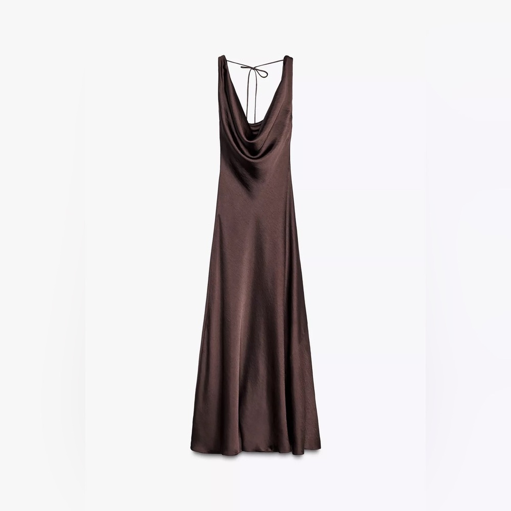NEW Zara zw collection Elegant Brown Sleeveless maxi stin effect evening dress - Picture 5 of 9